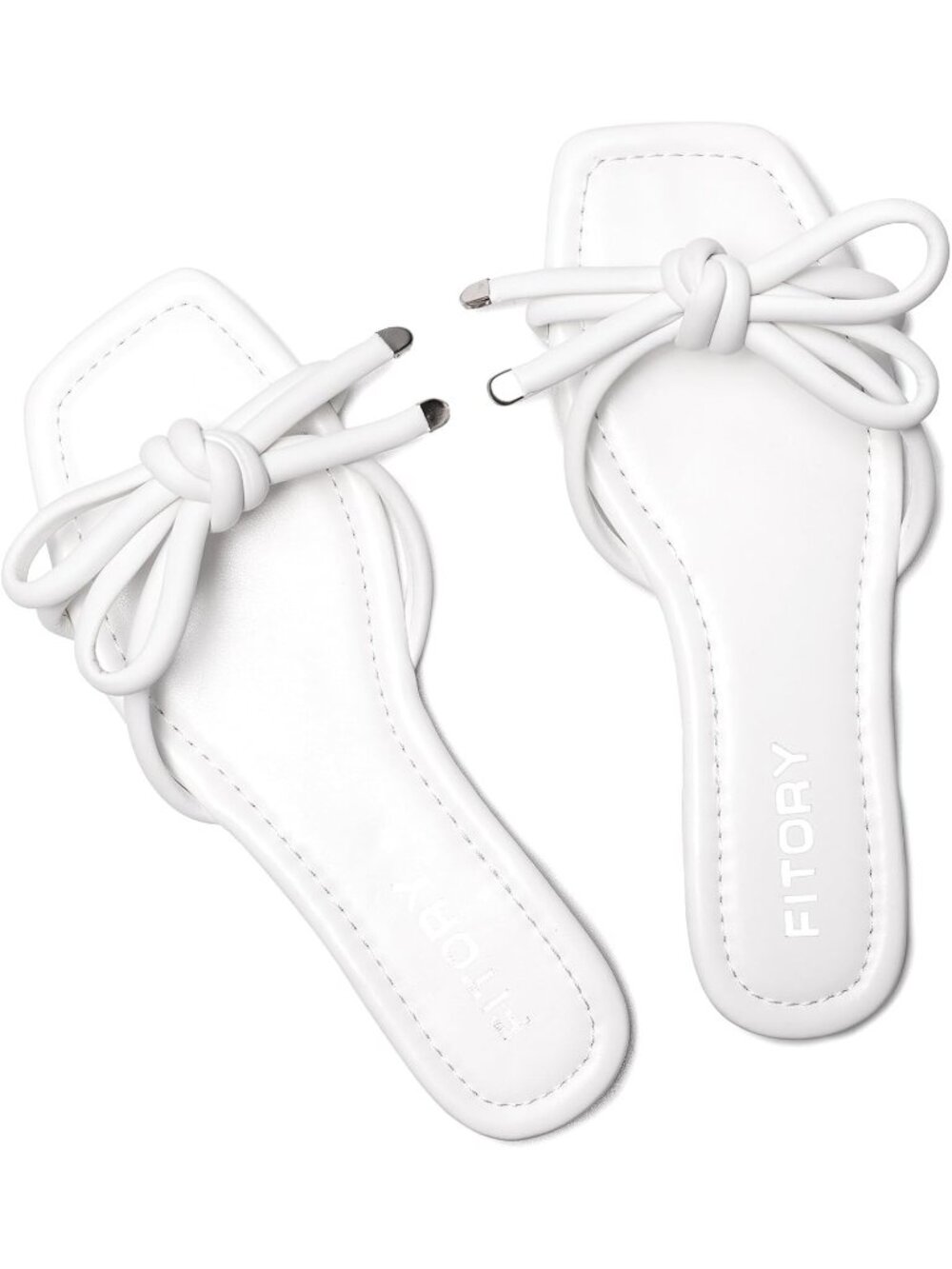🆕Women's White 1 Flat Sandals Square Open Toe Slide with Cute Knot for Casual